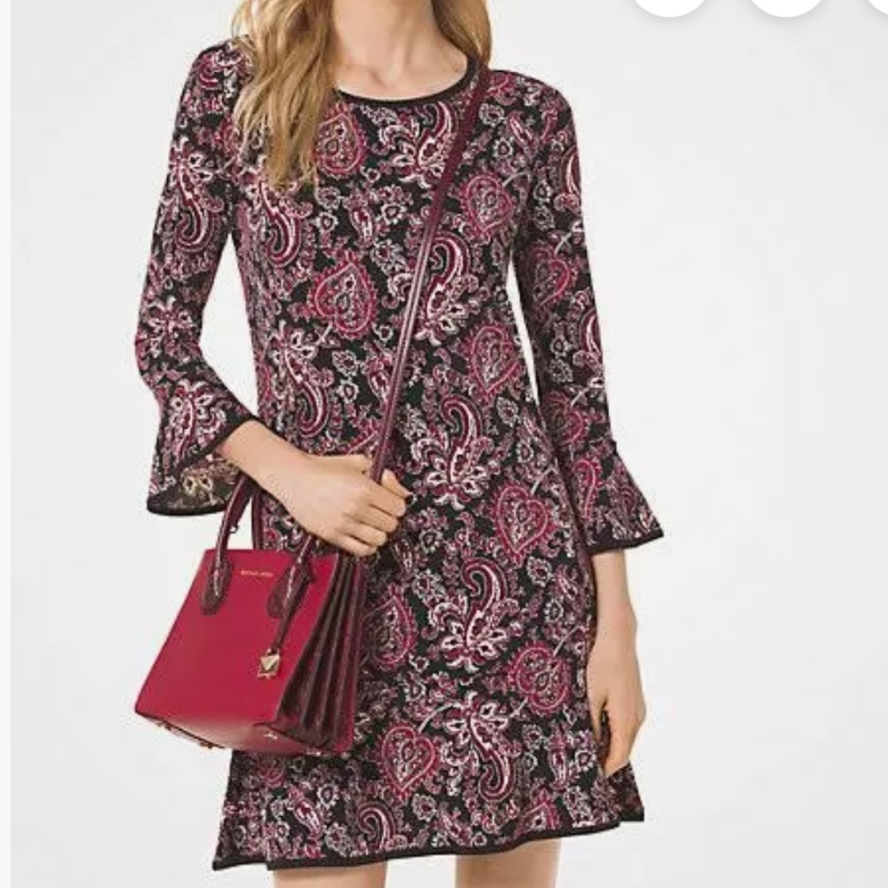 Sz L⭐️NWT Michael Kors SS 2018 Paisley Matte Jersey A-Line Flounce Dress PTP 20”